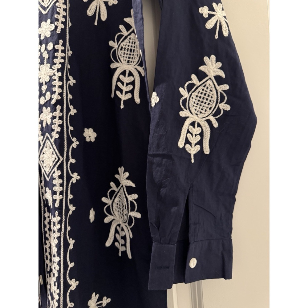 Frisqie Embroidered Cotton Tunic Dress Womens Medium Navy White Boho Long Sleeve - Picture 4 of 7